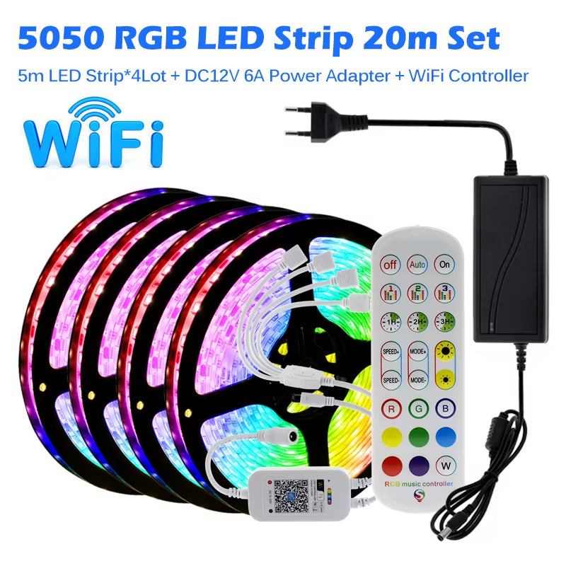 RGB LED Strip Light 5050 2835 Flexible LED Light Strip 10M 15M 20M 12V RGB LED Tape Set with Wifi / Bluetooth Music Controller