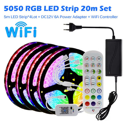 RGB LED Strip Light 5050 2835 Flexible LED Light Strip 10M 15M 20M 12V RGB LED Tape Set with Wifi / Bluetooth Music Controller