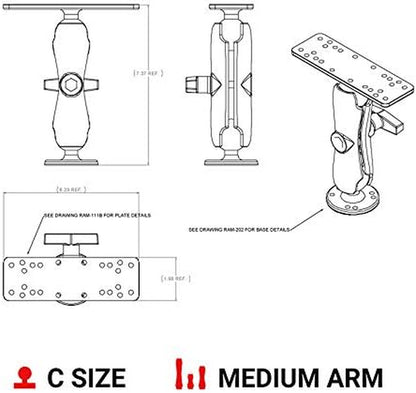 National Products 6 1/4-Inch X 2-Inch Marine Ram Universal Electronic Mount, 1-1/2-Inch Ball, 5-Inch Arm
