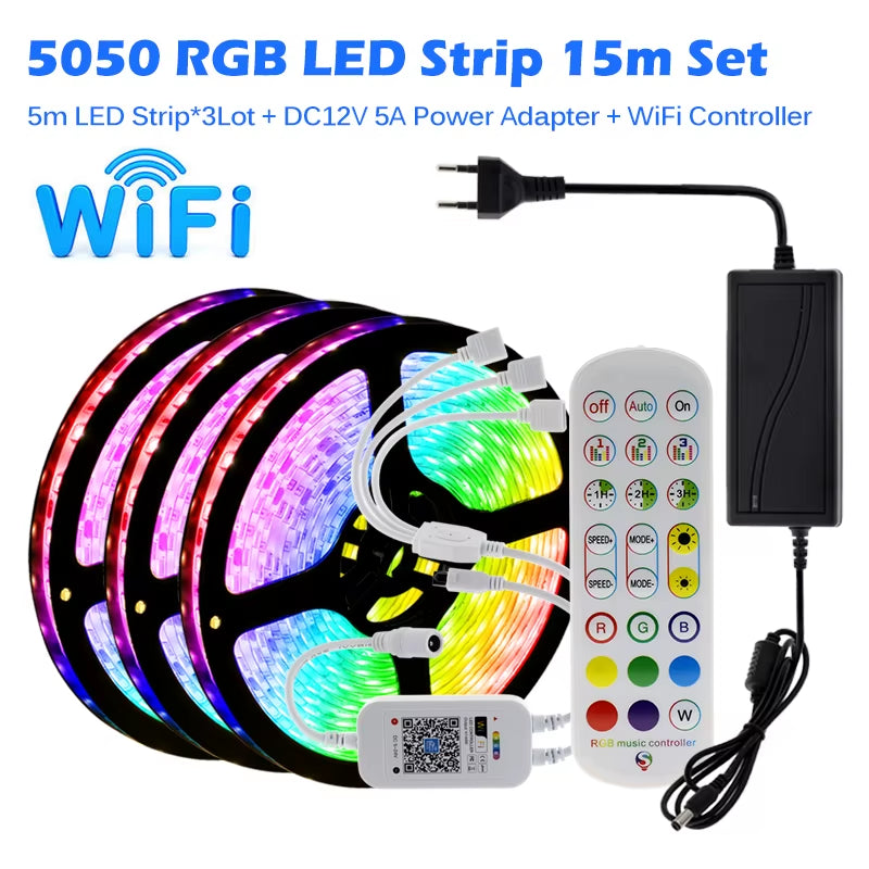 RGB LED Strip Light 5050 2835 Flexible LED Light Strip 10M 15M 20M 12V RGB LED Tape Set with Wifi / Bluetooth Music Controller