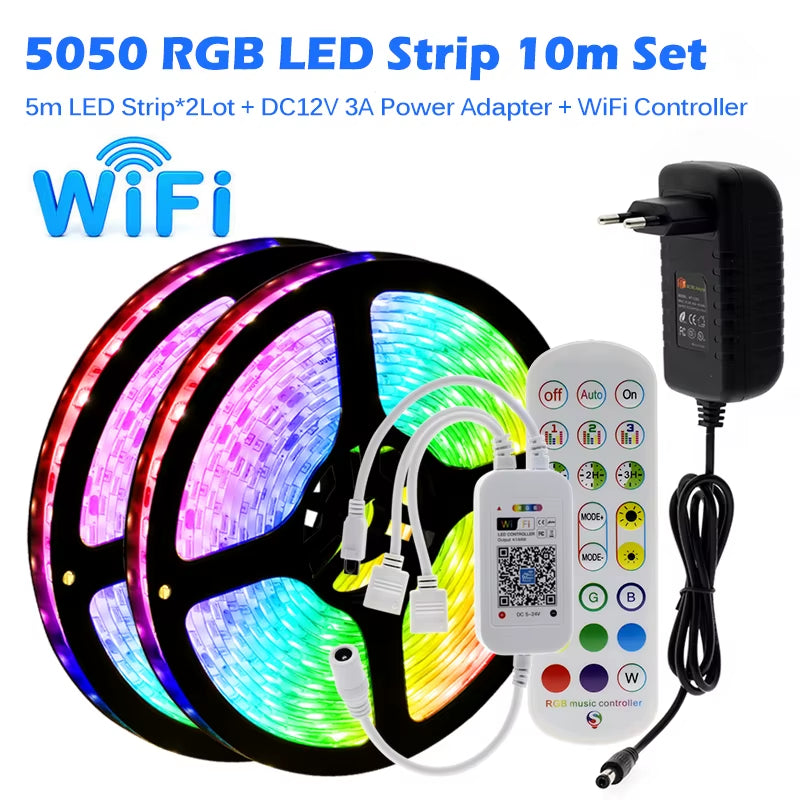 RGB LED Strip Light 5050 2835 Flexible LED Light Strip 10M 15M 20M 12V RGB LED Tape Set with Wifi / Bluetooth Music Controller