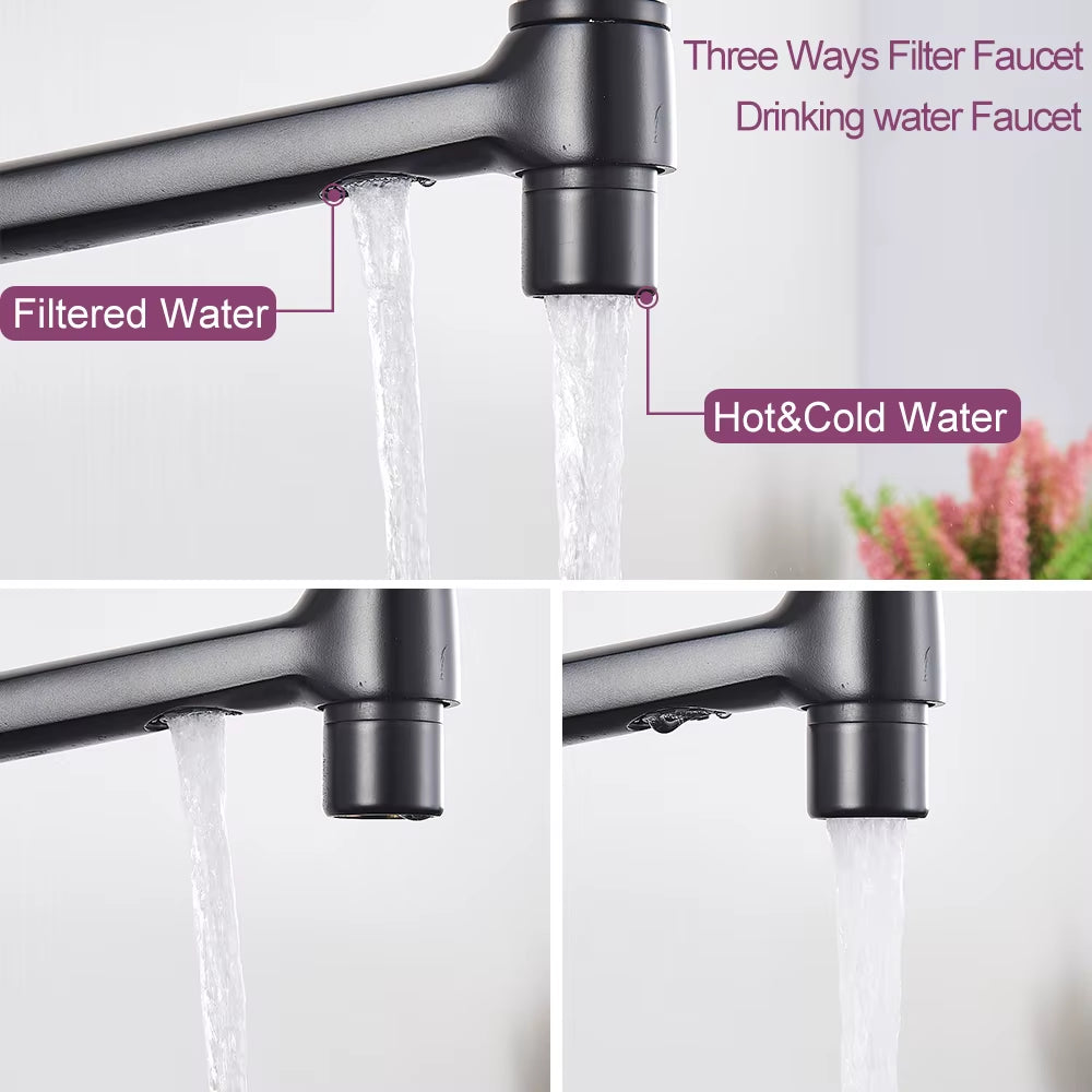 Matte Black Kitchen Sink Faucet Tap Pure Water Filter Mixer Crane Dual Handles Purification Kitchen Hot and Cold Water Tap