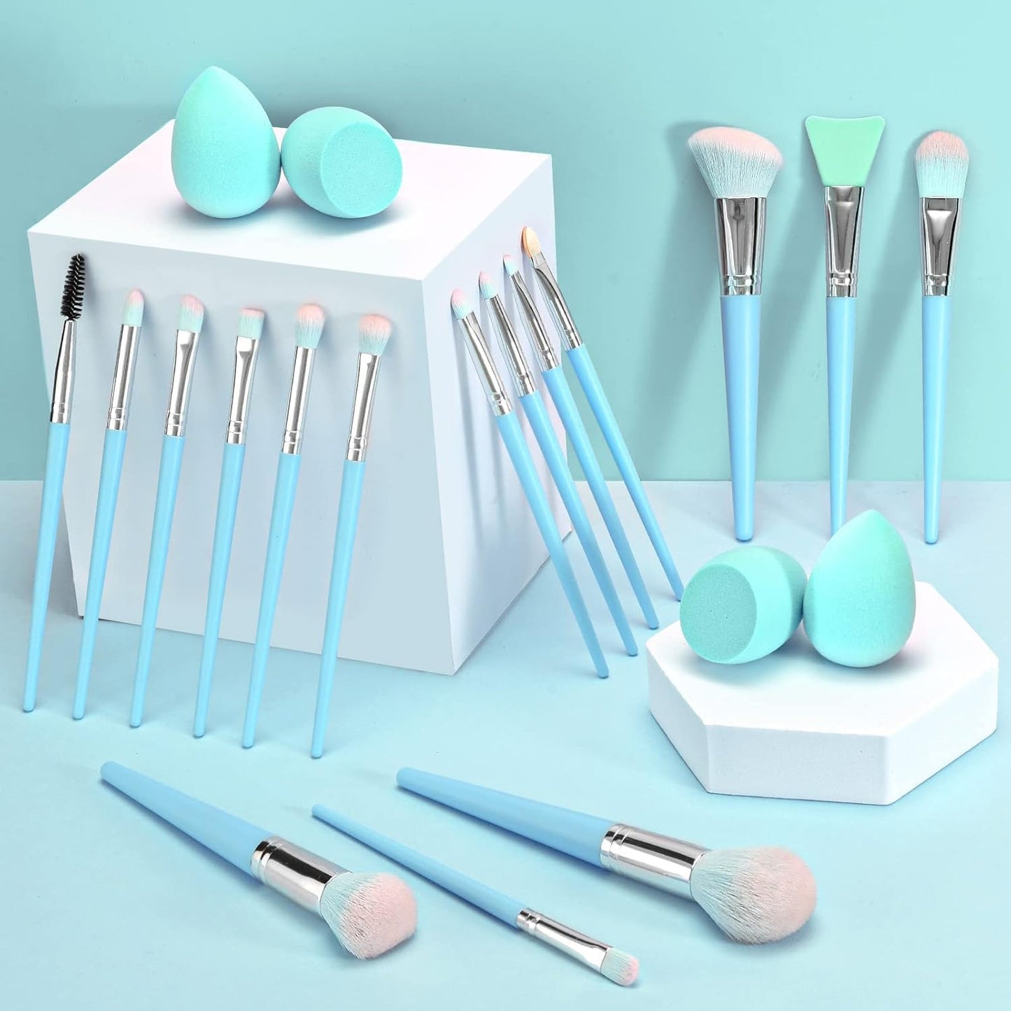 Makeup Brushes  16Pcs Professional Makeup Brush with Makeup Sponge Set Premium Synthetic Foundation Kabuki Eyebrow Concealers Blending Eye Shadow Brushes Make up Tool Kit (Blue)