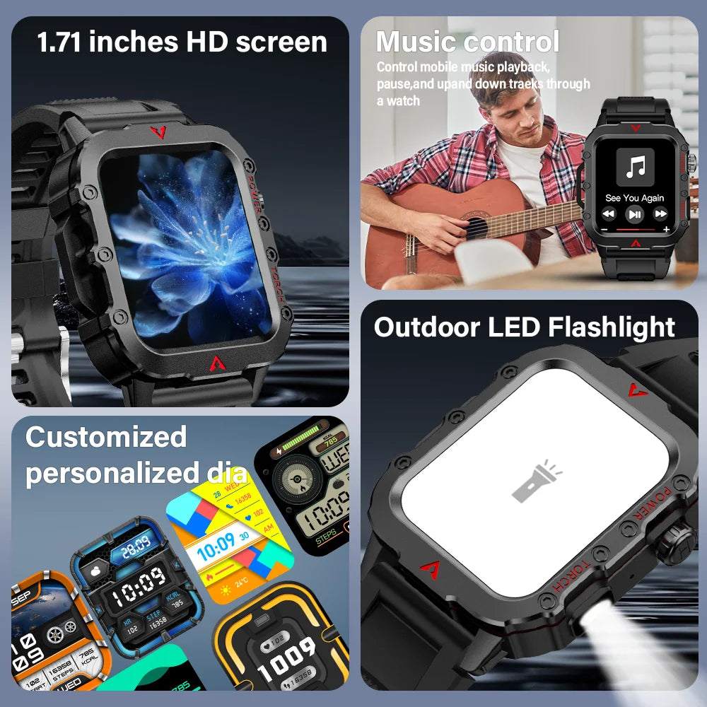 Men’s Fitness Smart Watch With LED Flashlight & Calls