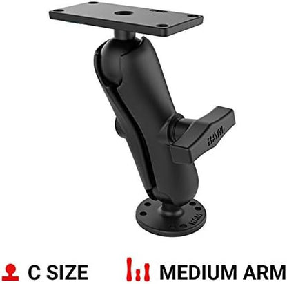 Drill-Down Double GPS Ball Mount for Humminbird Helix 7 RAM-202-24-202U with Medium Arm | Medium Arm Drill-Down Mount with Rectangular Plate for Marine Electronics and Sonar Displays