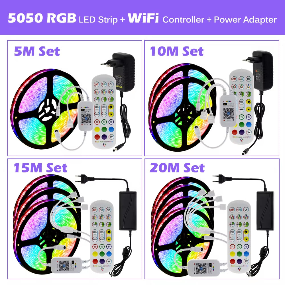 RGB LED Strip Light 5050 2835 Flexible LED Light Strip 10M 15M 20M 12V RGB LED Tape Set with Wifi / Bluetooth Music Controller