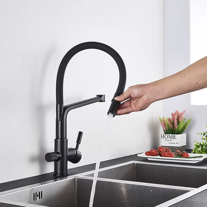 Matte Black Kitchen Sink Faucet Tap Pure Water Filter Mixer Crane Dual Handles Purification Kitchen Hot and Cold Water Tap